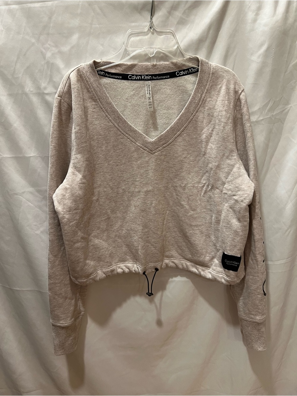 Calvin Klein Cropped V-Neck Drawstring Sweatshirt - Light Taupe